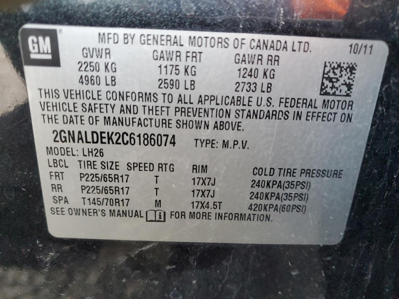 2012 Chevrolet Equinox VIN 2GNALDEK2C6186074 Copart auction photo, rear end / front end damage thumbnail 13