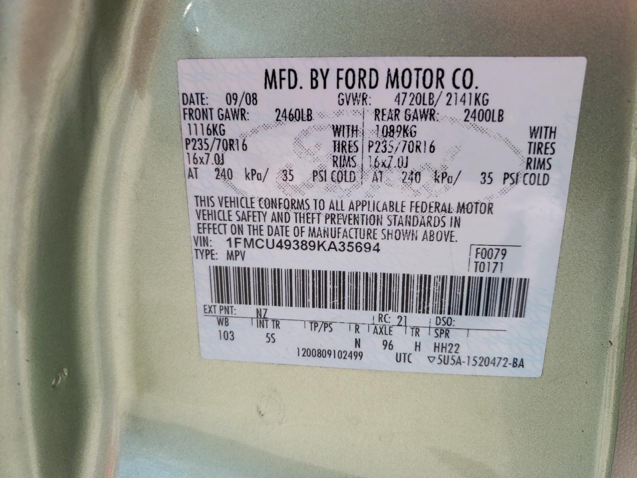 2009 Ford Escape VIN 1FMCU49389KA35694 Copart auction photo, front end / minor dent/scratches damage thumbnail 13