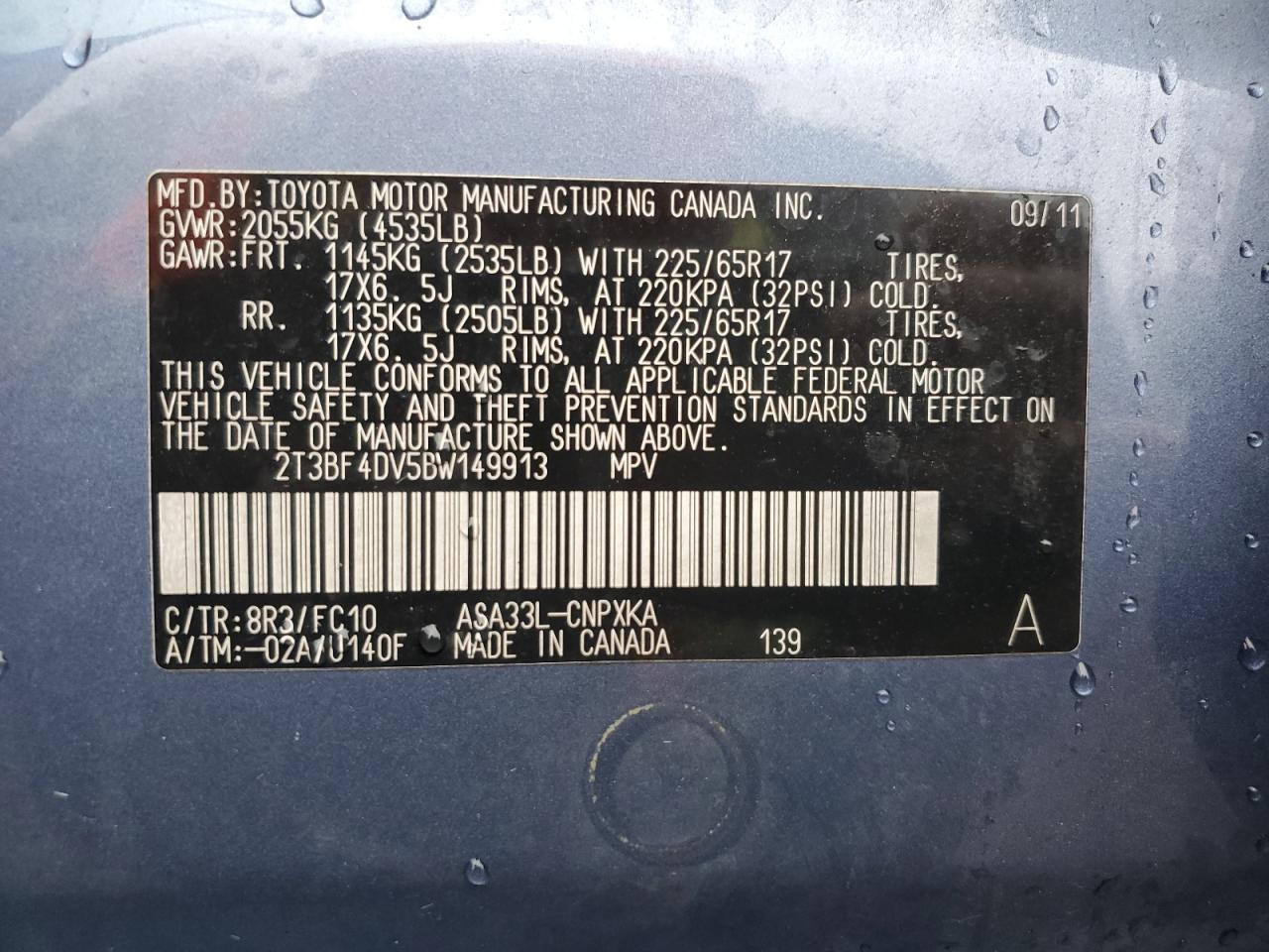 2011 Toyota RAV 4 VIN 2T3BF4DV5BW149913 Copart auction photo, all over / frame damage damage thumbnail 16
