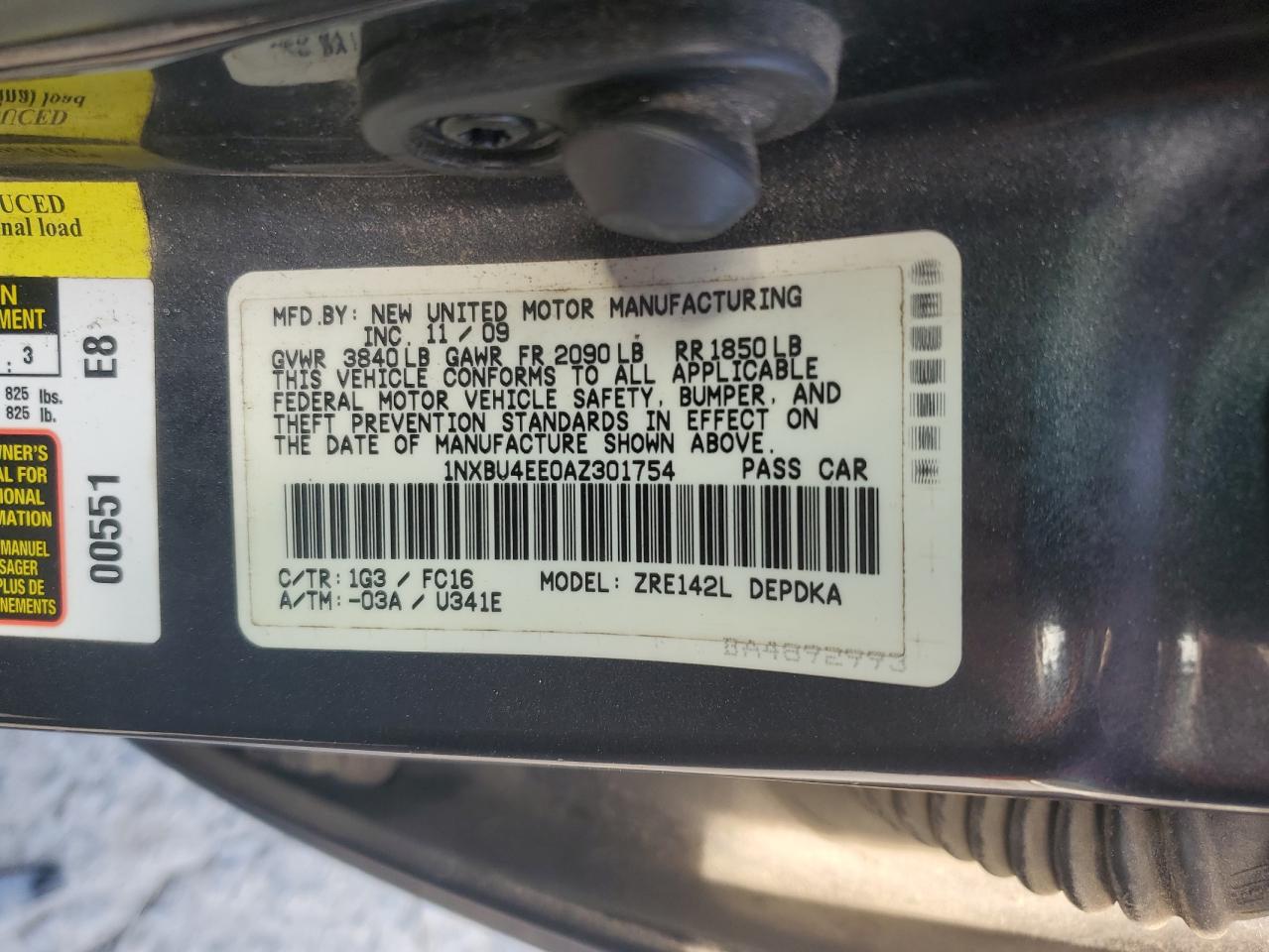 2010 Toyota Corolla VIN 1NXBU4EE0AZ301754 Copart auction photo, front end / rear end damage thumbnail 12