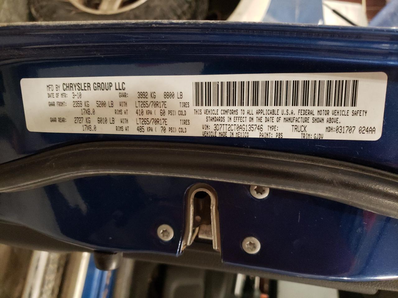 2010 Dodge RAM VIN 3D7TT2CT0AG135746 Copart auction photo, rollover damage thumbnail 12