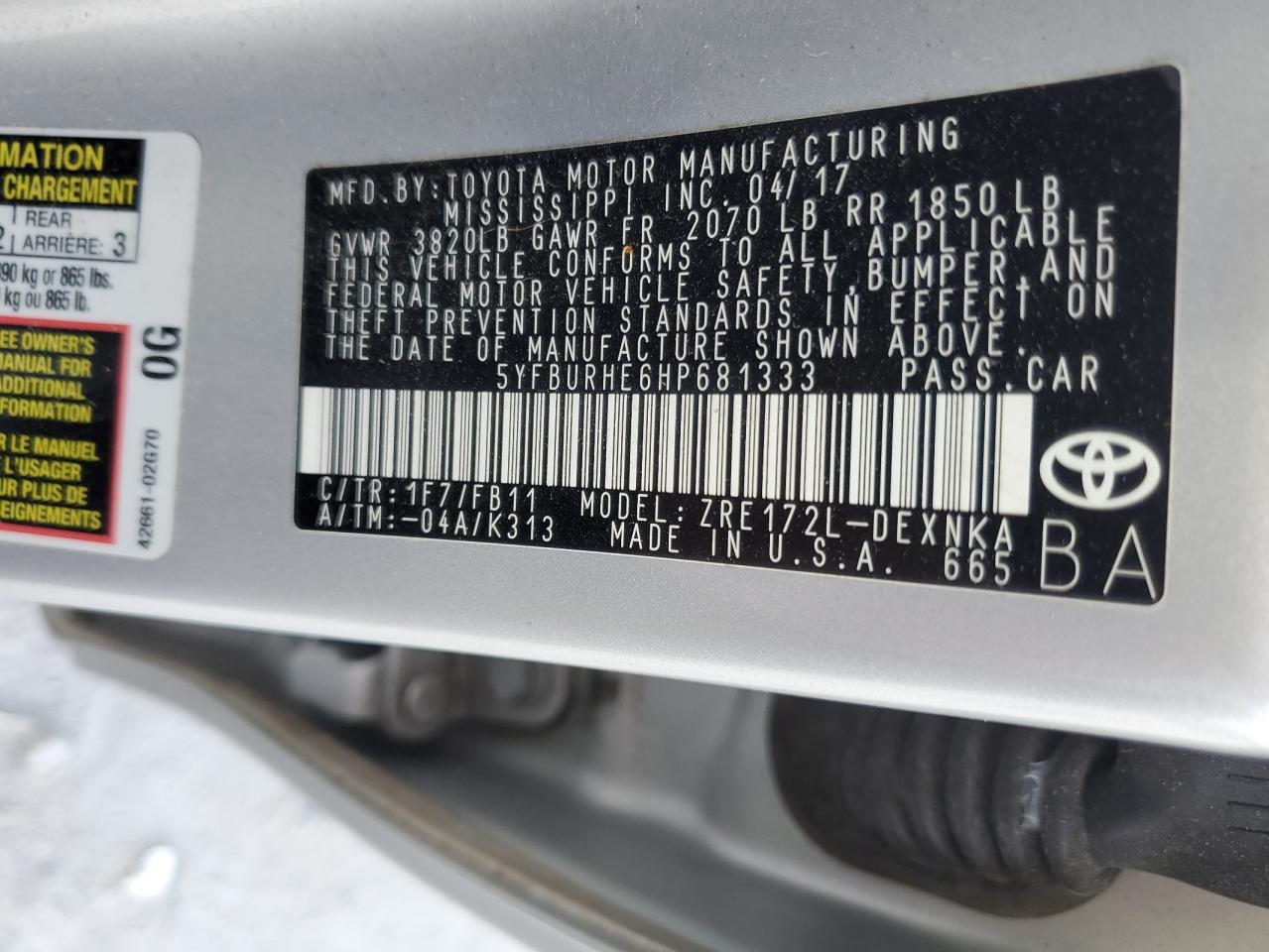 2017 Toyota Corolla VIN 5YFBURHE6HP681333 Copart auction photo, front end damage thumbnail 12