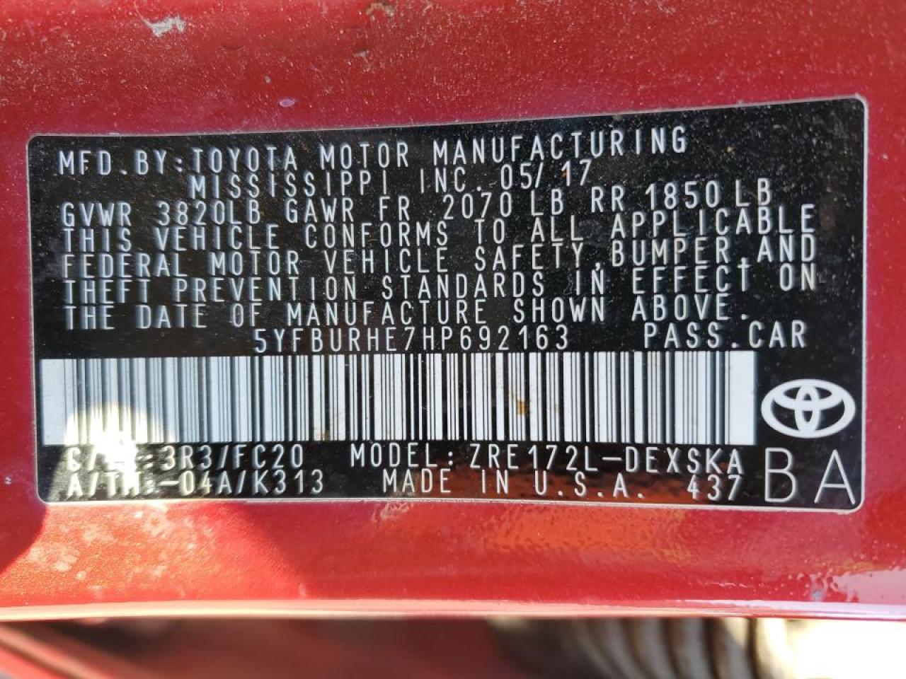 2017 Toyota Corolla VIN 5YFBURHE7HP692163 Copart auction photo, front end damage thumbnail 12