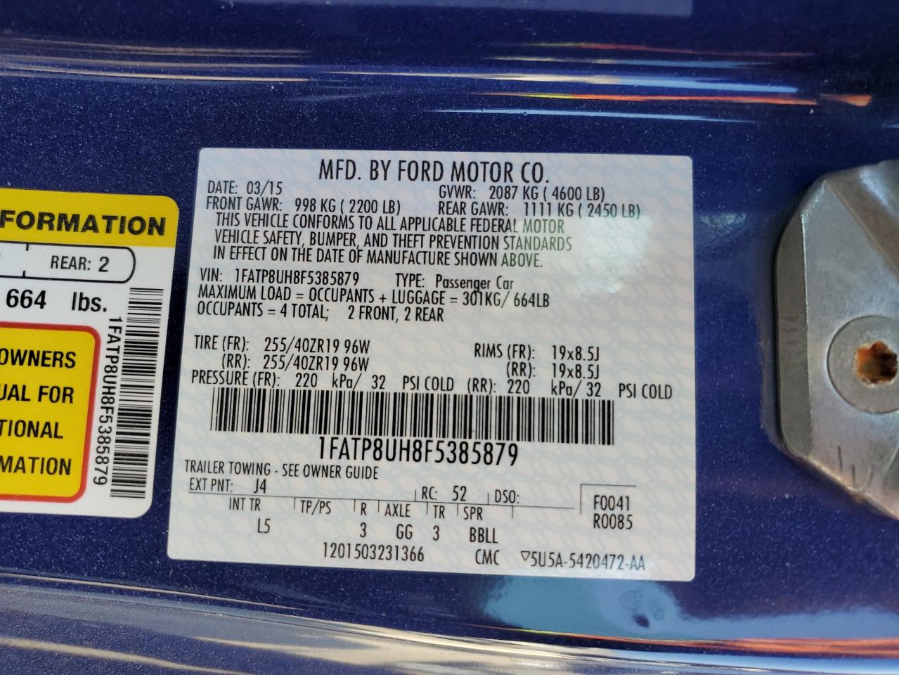 2015 Ford Mustang VIN 1FATP8UH8F5385879 Copart auction photo, front end damage thumbnail 10