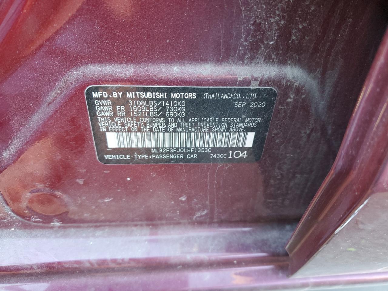 2020 Mitsubishi Mirage VIN ML32F3FJ0LHF13530 Copart auction photo, front end damage thumbnail 12