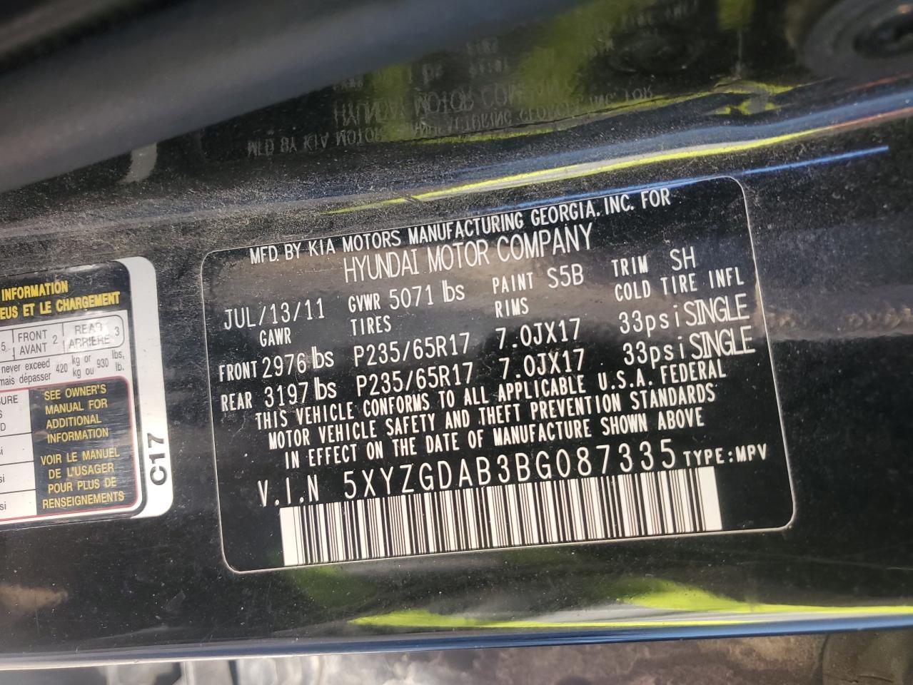 2011 Hyundai Santa Fe VIN 5XYZGDAB3BG087335 Copart auction photo, side / front end damage thumbnail 13
