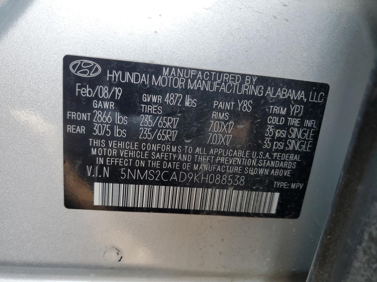 2019 Hyundai Santa Fe VIN 5NMS2CAD9KH088538 Copart auction photo, all over damage thumbnail 13