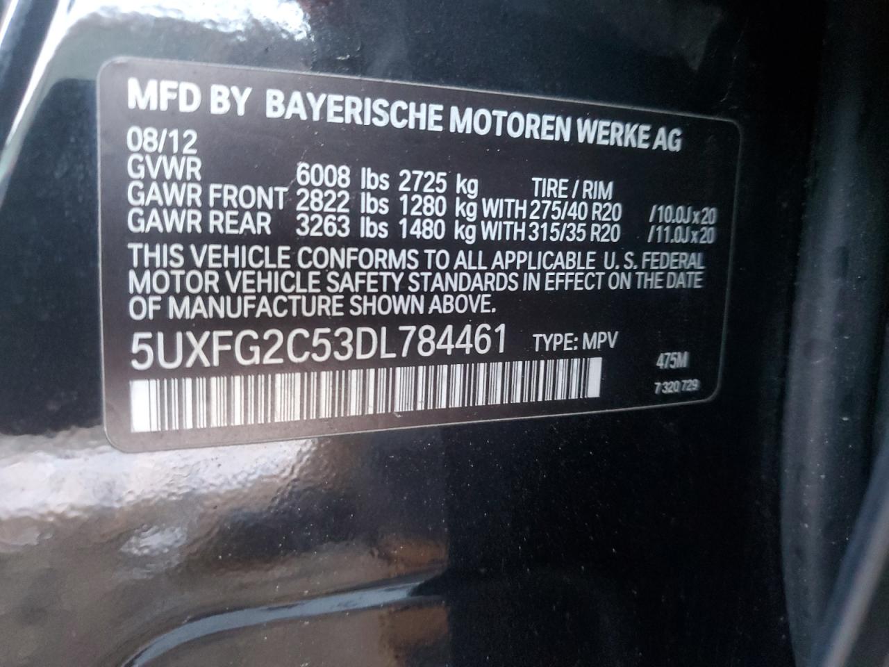 2013 BMW X6 VIN 5UXFG2C53DL784461 Copart auction photo, rear end damage thumbnail 13
