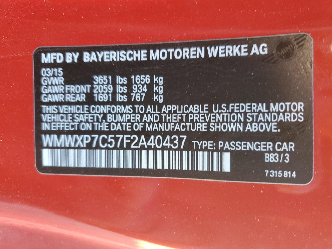2015 MINI Cooper VIN WMWXP7C57F2A40437 Copart auction photo, rear end / front end damage thumbnail 14