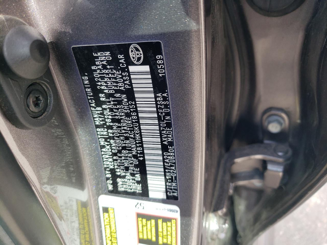 2019 Toyota Camry VIN 4T1B11HK6KU186152 Copart auction photo, front end / rear end damage thumbnail 13