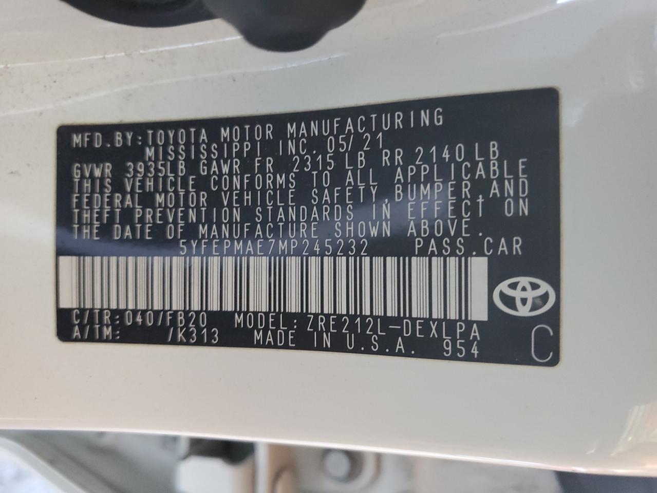 2021 Toyota Corolla VIN 5YFEPMAE7MP245232 Copart auction photo, rear end / front end damage thumbnail 12