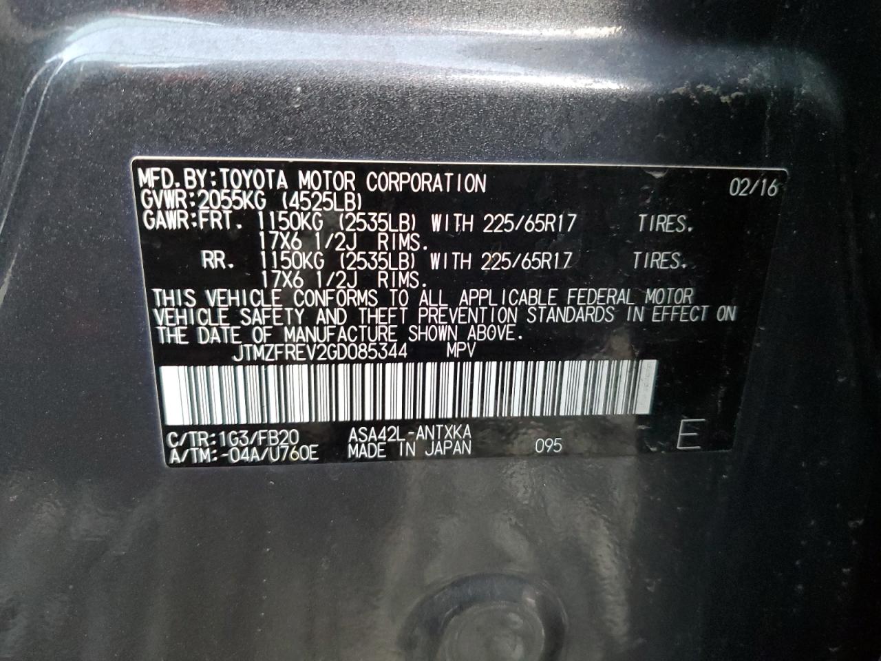 2016 Toyota RAV 4 VIN JTMZFREV2GD085344 Copart auction photo, minor dent/scratches damage thumbnail 13