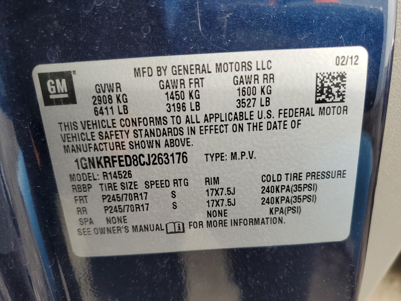 2012 Chevrolet Traverse VIN 1GNKRFED8CJ263176 Copart auction photo, front end damage thumbnail 13