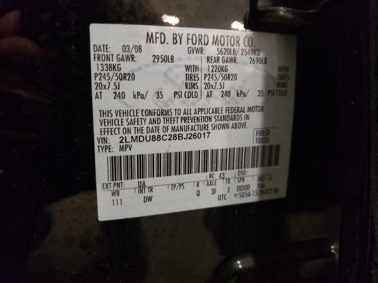 2008 Lincoln MKX VIN 2LMDU88C28BJ26017 Copart auction photo, front end damage thumbnail 13