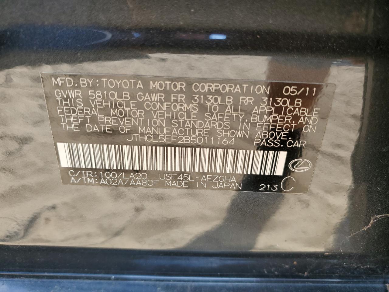 2011 Lexus LS VIN JTHCL5EF2B5011164 Copart auction photo, front end / minor dent/scratches damage thumbnail 14