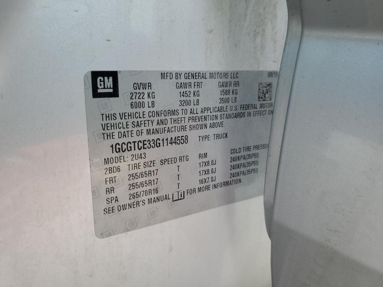 2016 Chevrolet Colorado VIN 1GCGTCE33G1144558 Copart auction photo, front end / rear end damage thumbnail 13