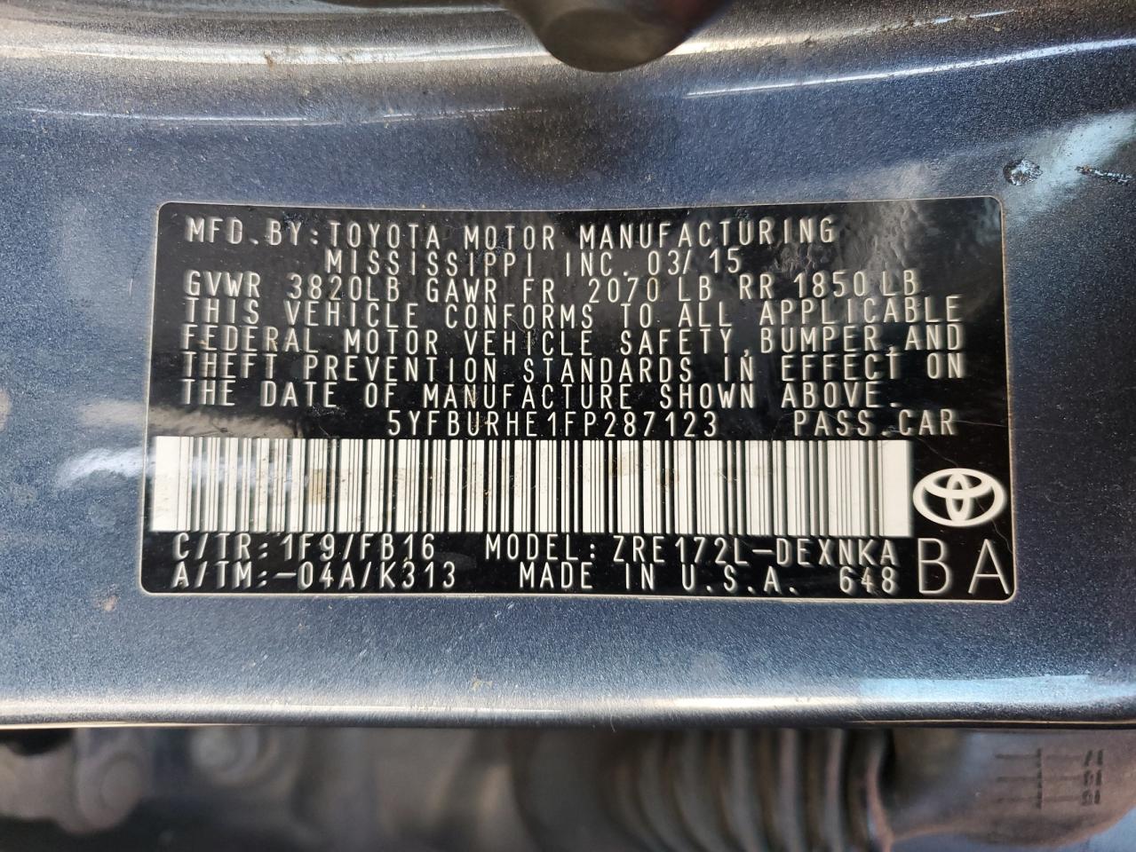 2015 Toyota Corolla VIN 5YFBURHE1FP287123 Copart auction photo, front end / side damage thumbnail 14