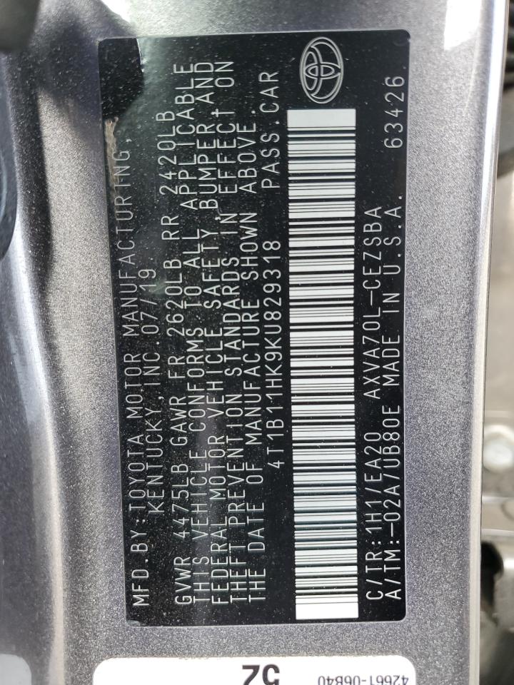 2019 Toyota Camry VIN 4T1B11HK9KU829318 Copart auction photo, all over damage thumbnail 14
