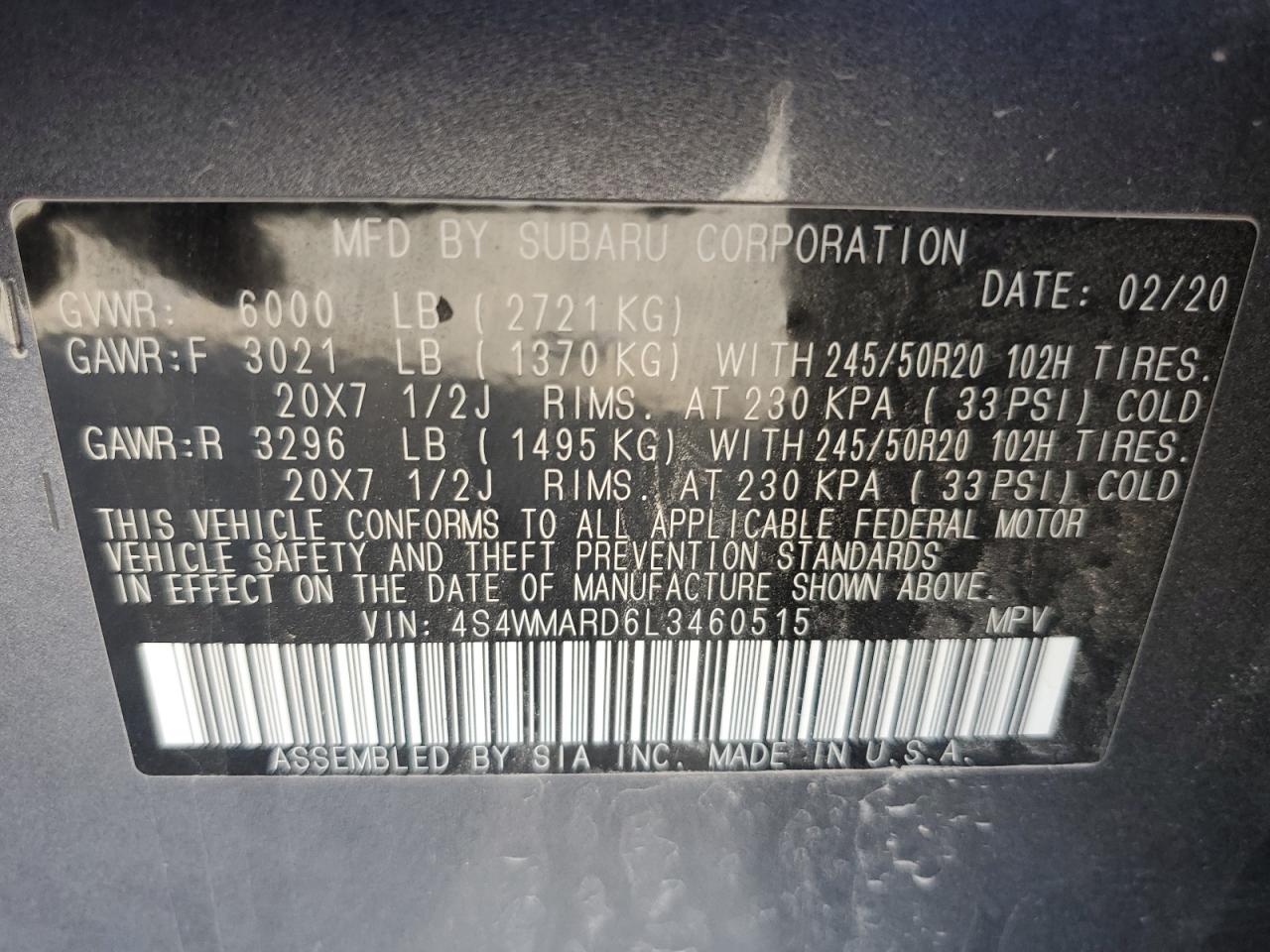 2020 Subaru Ascent VIN 4S4WMARD6L3460515 Copart auction photo, all over damage thumbnail 13