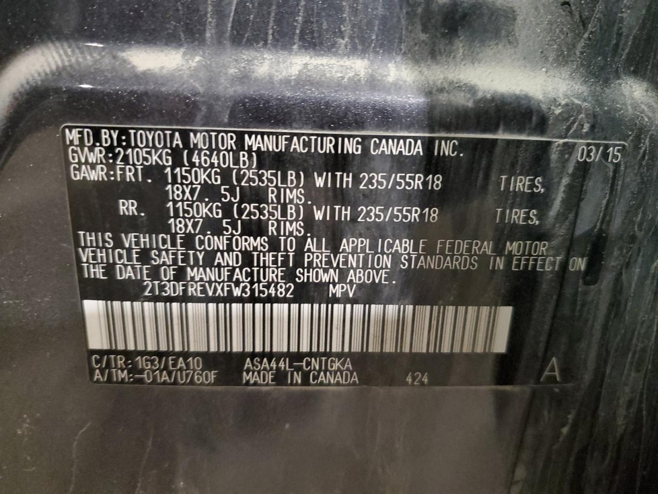 2015 Toyota RAV 4 VIN 2T3DFREVXFW315482 Copart auction photo, all over / undercarriage damage thumbnail 14