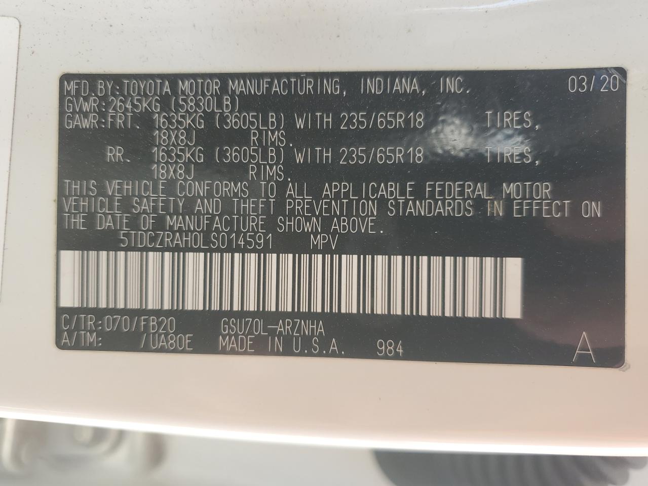 2020 Toyota Highlander VIN 5TDCZRAH0LS014591 Copart auction photo, side / front end damage thumbnail 13