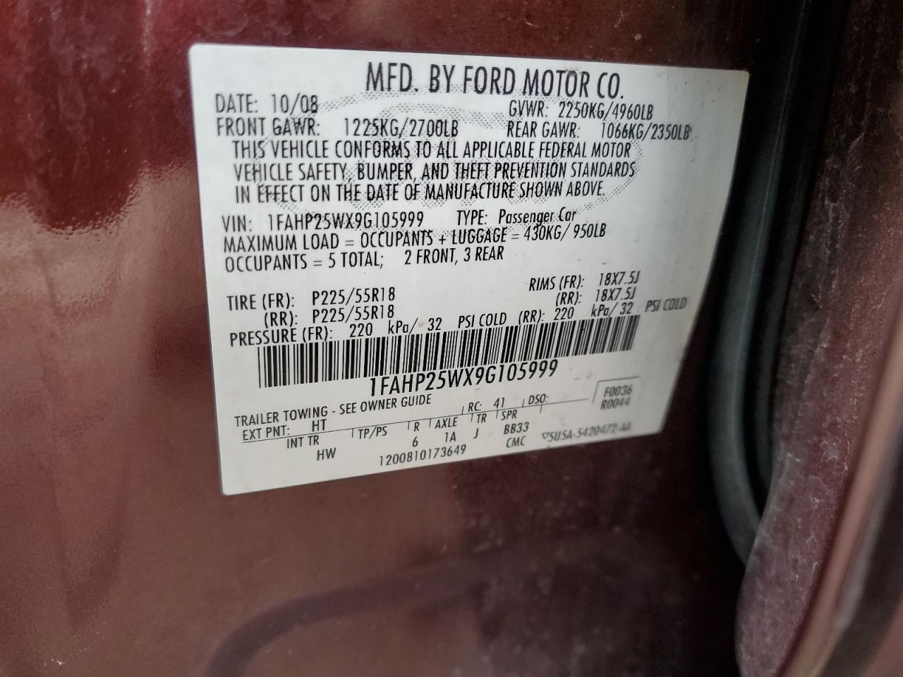 2009 Ford Taurus VIN 1FAHP25WX9G105999 Copart auction photo, front end damage thumbnail 12