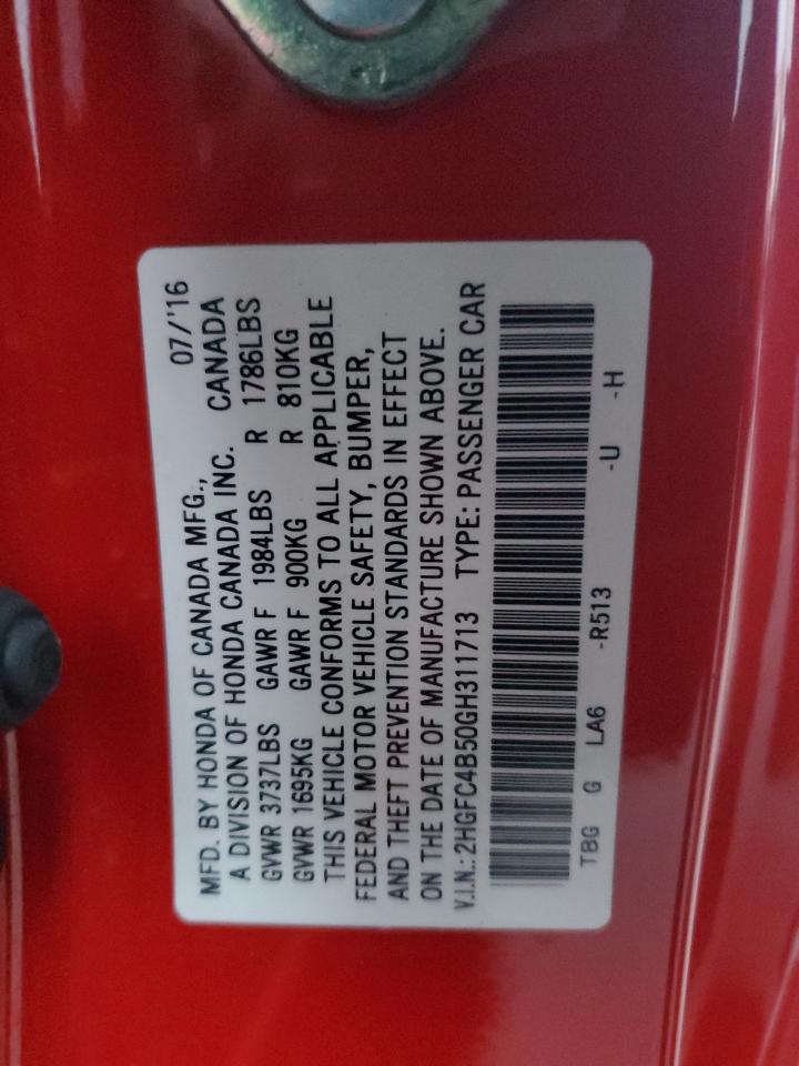 2016 Honda Civic VIN 2HGFC4B50GH311713 Copart auction photo, rear end / front end damage thumbnail 14