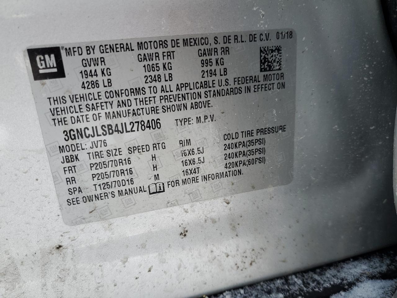 2018 Chevrolet Trax VIN 3GNCJLSB4JL278406 Copart auction photo, front end / minor dent/scratches damage thumbnail 15