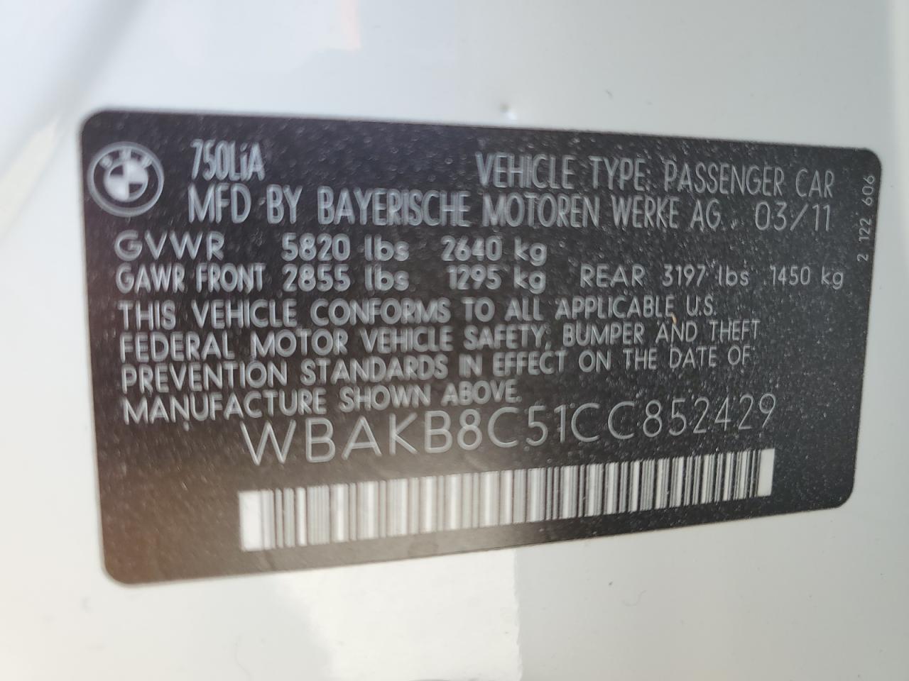 2012 BMW 7er VIN WBAKB8C51CC852429 Copart auction photo, mechanical / front end damage thumbnail 12