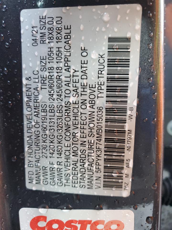 2021 Honda Ridgeline VIN 5FPYK3F74MB015036 Copart auction photo, rear end damage thumbnail 13