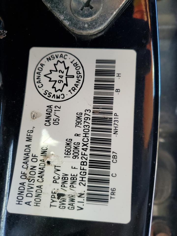 2012 Honda Civic VIN 2HGFB2F4XCH037973 Copart auction photo, front end damage thumbnail 12