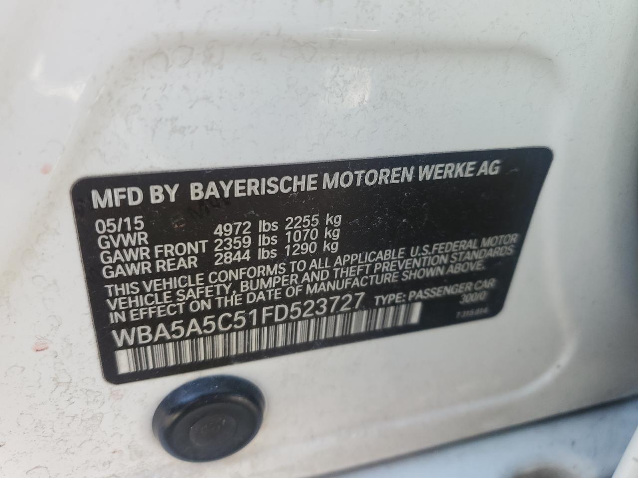 2015 BMW 5er VIN WBA5A5C51FD523727 Copart auction photo, front end damage thumbnail 14