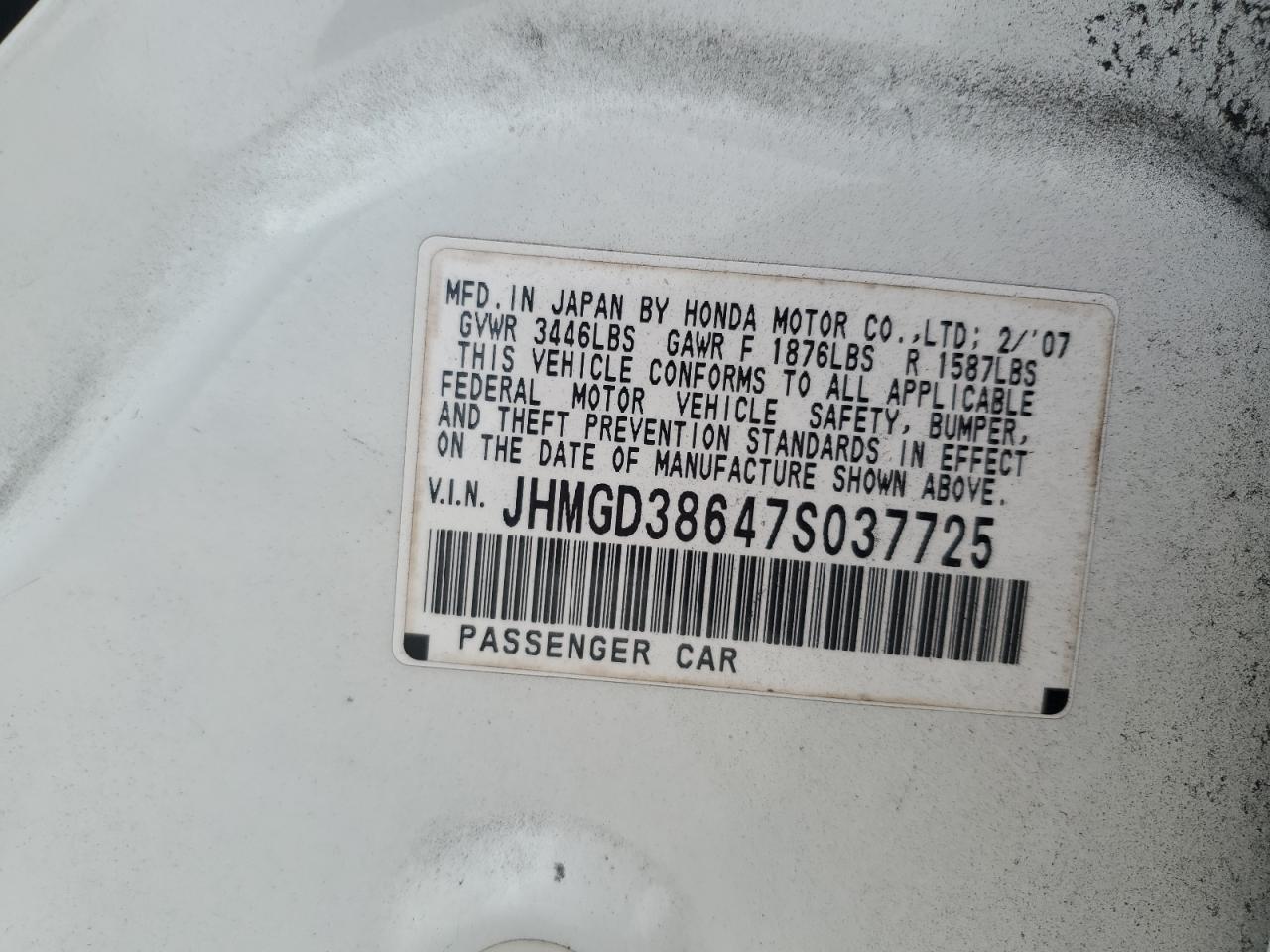 2007 Honda Fit VIN JHMGD38647S037725 Copart auction photo, side damage thumbnail 12