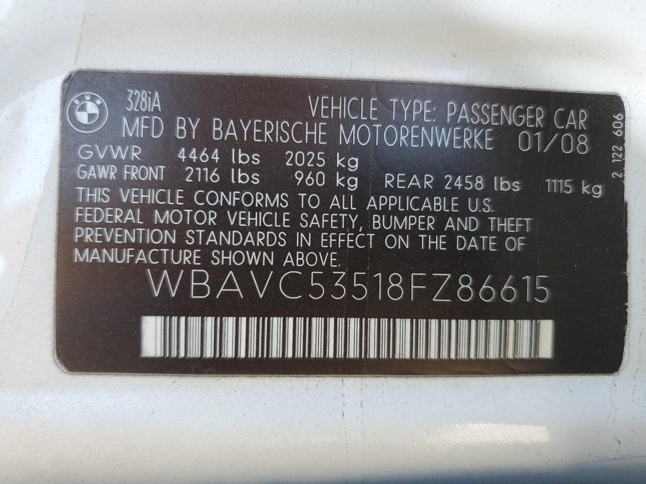 2008 BMW 3er VIN WBAVC53518FZ86615 Copart auction photo, front end damage thumbnail 12
