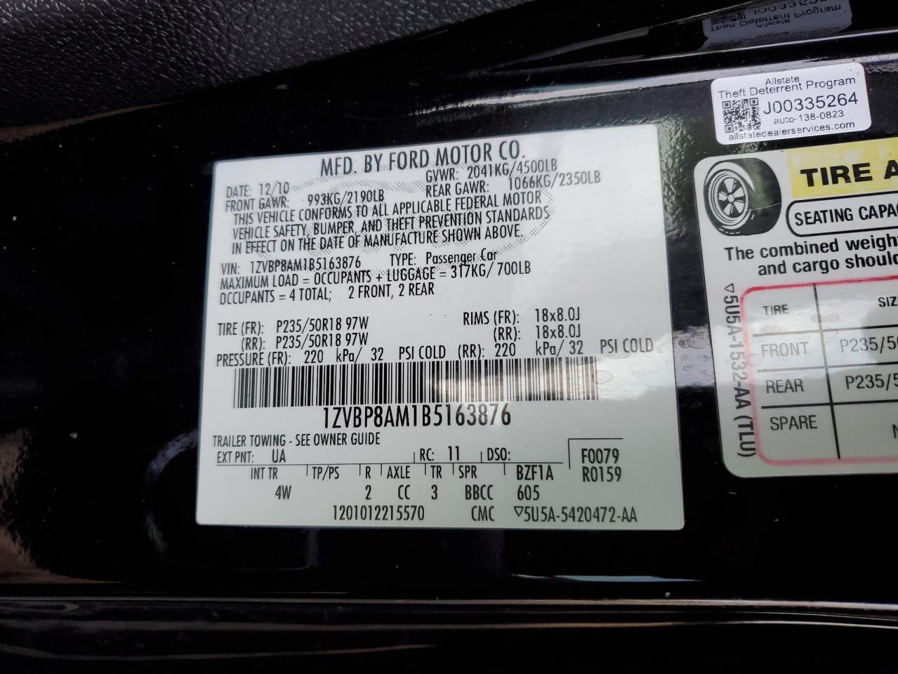2011 Ford Mustang VIN 1ZVBP8AM1B5163876 Copart auction photo, side / front end damage thumbnail 14