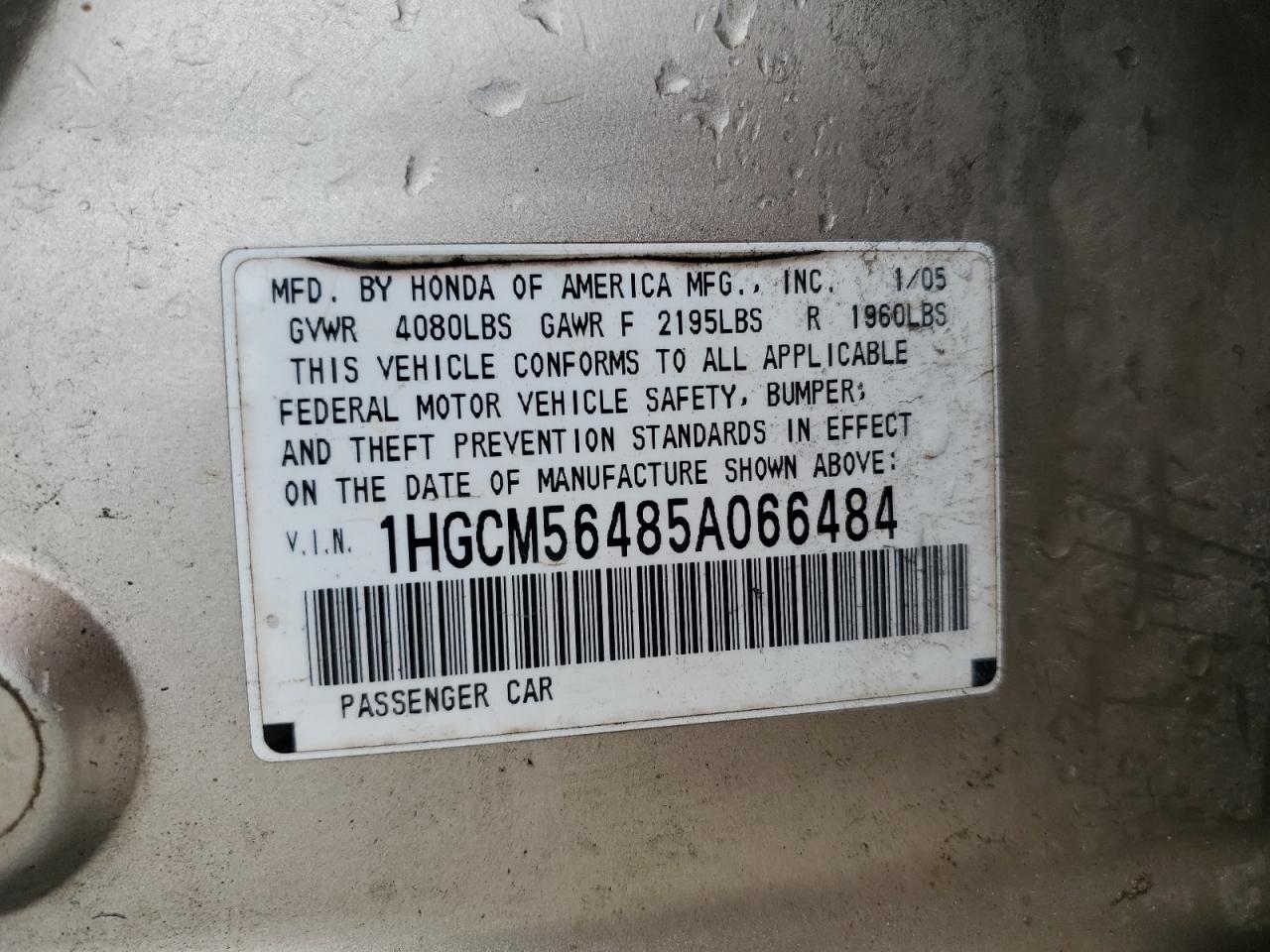 2005 Honda Accord VIN 1HGCM56485A066484 Copart auction photo, front end damage thumbnail 13