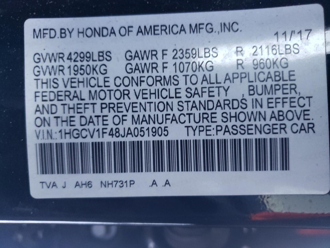 2018 Honda Accord VIN 1HGCV1F48JA051905 Copart auction photo, front end damage thumbnail 12