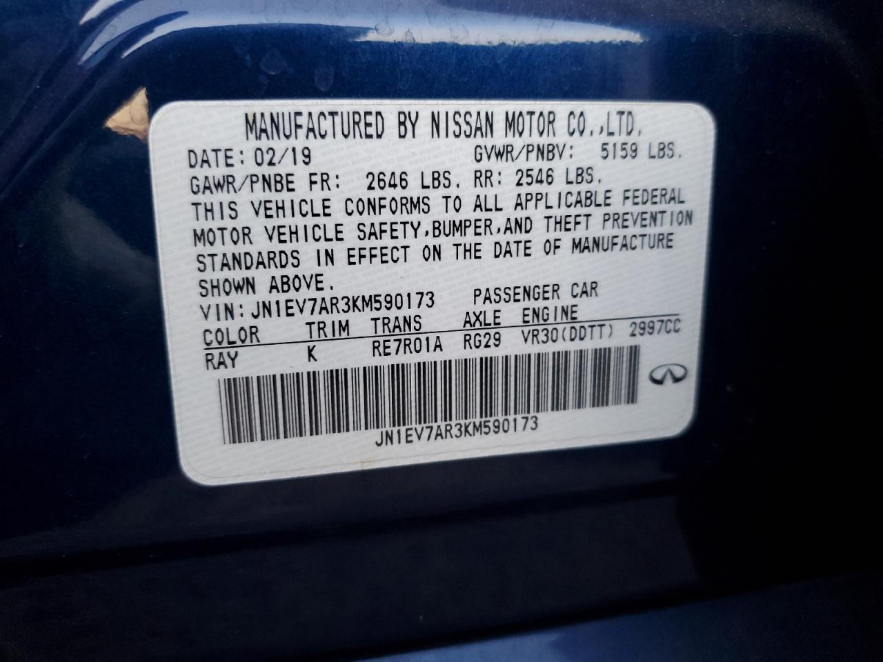 2019 Infiniti Q50 VIN JN1EV7AR3KM590173 Copart auction photo, all over / side damage thumbnail 13