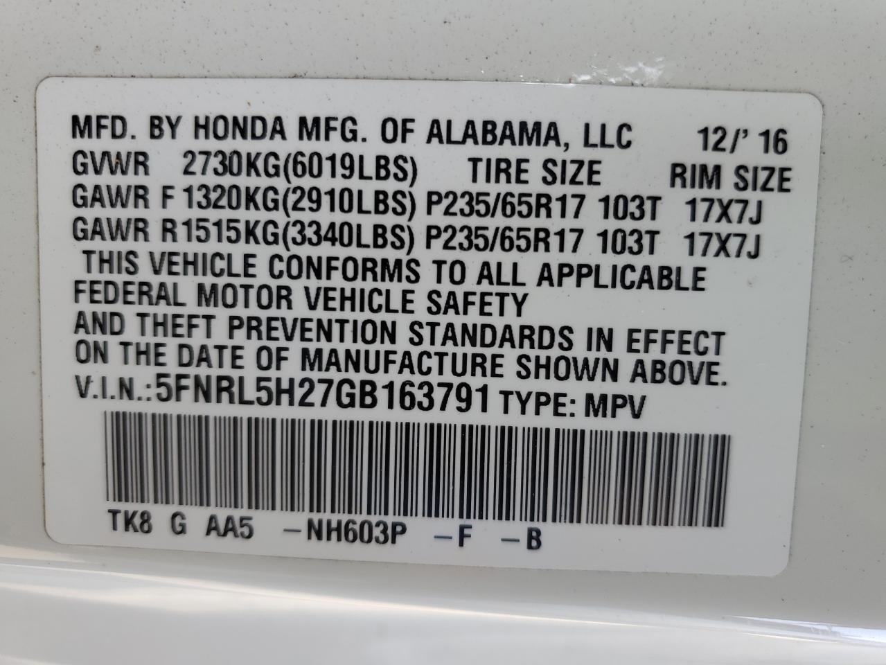 2016 Honda Odyssey VIN 5FNRL5H27GB163791 Copart auction photo, front end damage thumbnail 13