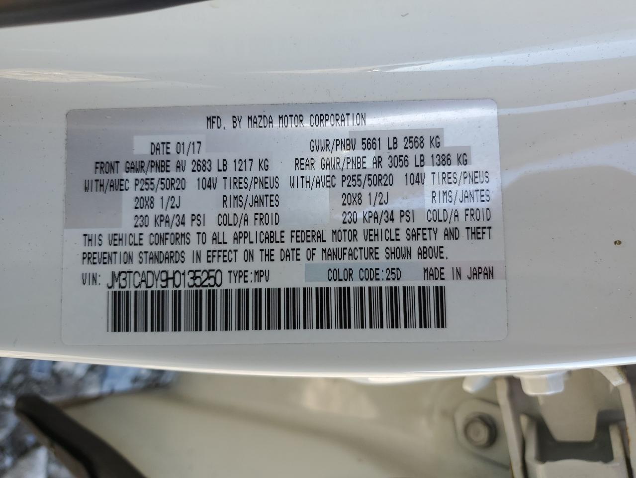 2017 Mazda CX-9 VIN JM3TCADY9H0135250 Copart auction photo, all over damage thumbnail 15