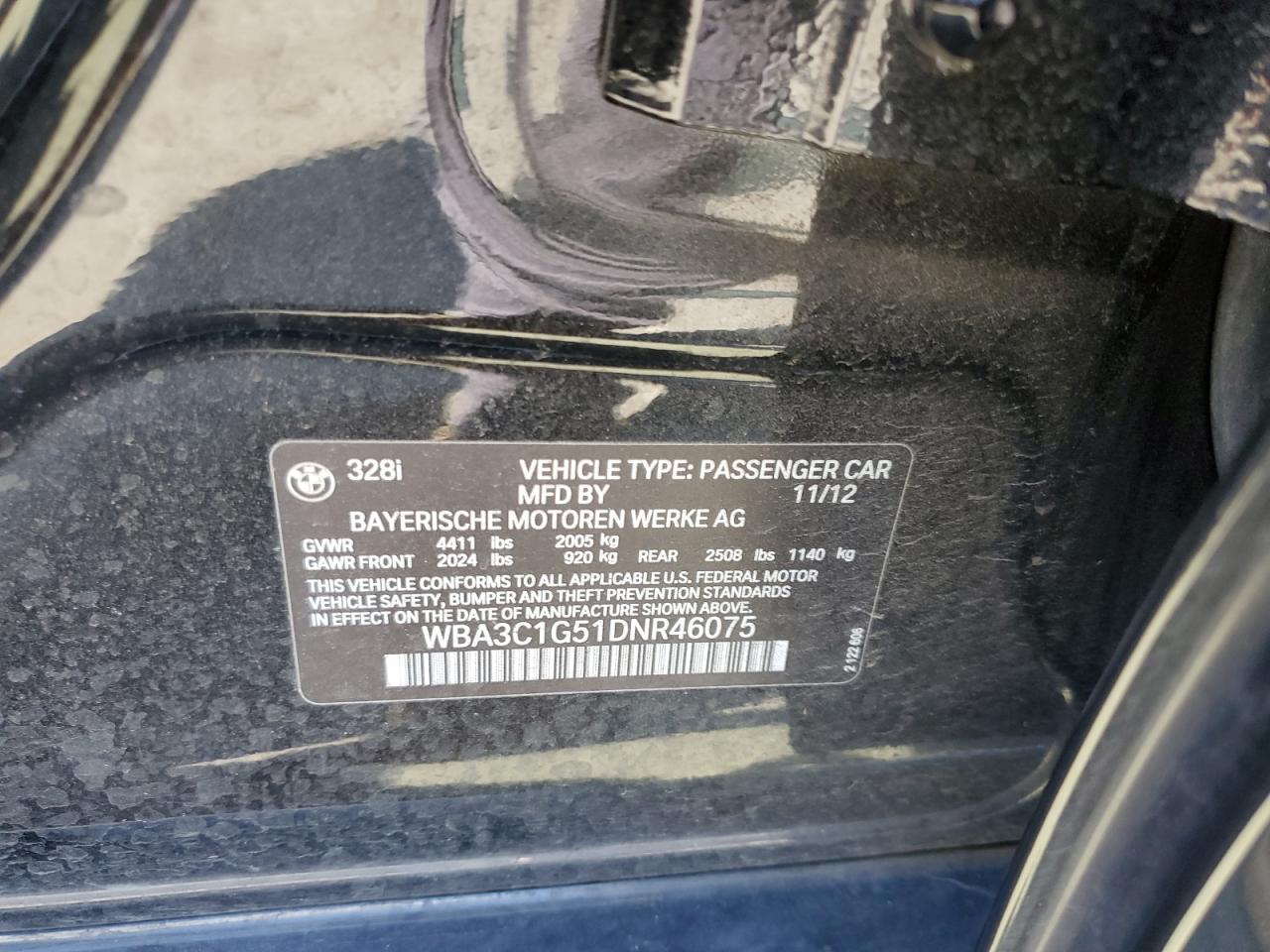 2013 BMW 3er VIN WBA3C1G51DNR46075 Copart auction photo, front end damage thumbnail 14