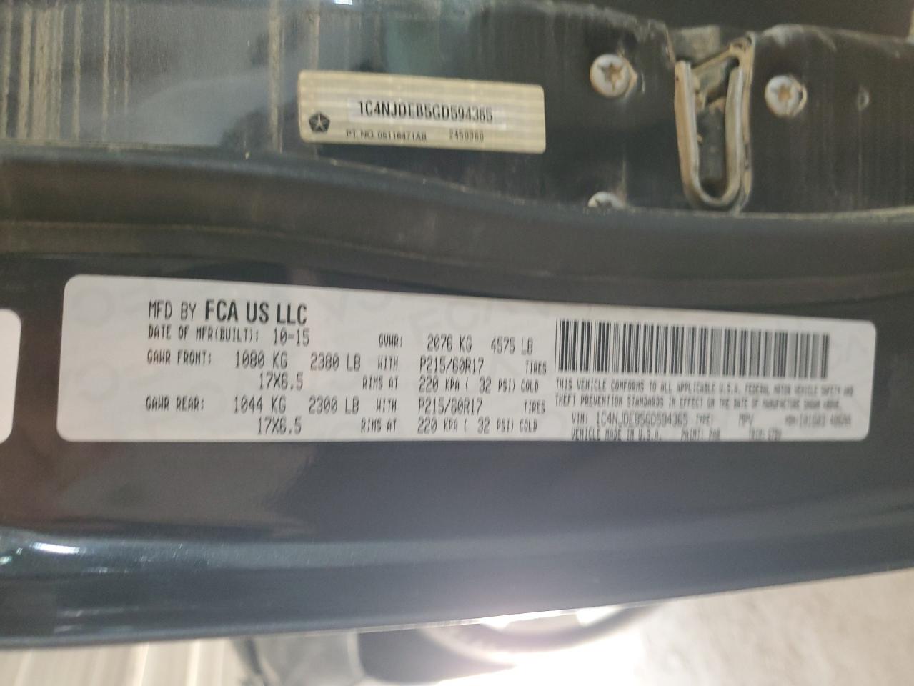 2016 Jeep Compass VIN 1C4NJDEB5GD594365 Copart auction photo, water/flood damage thumbnail 12