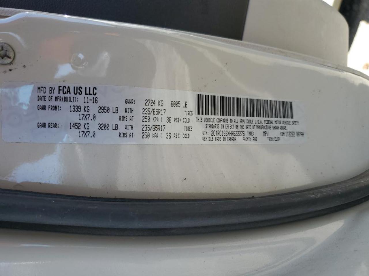 2017 Chrysler Pacifica VIN 2C4RC1EGXHR622276 Copart auction photo, front end damage thumbnail 13
