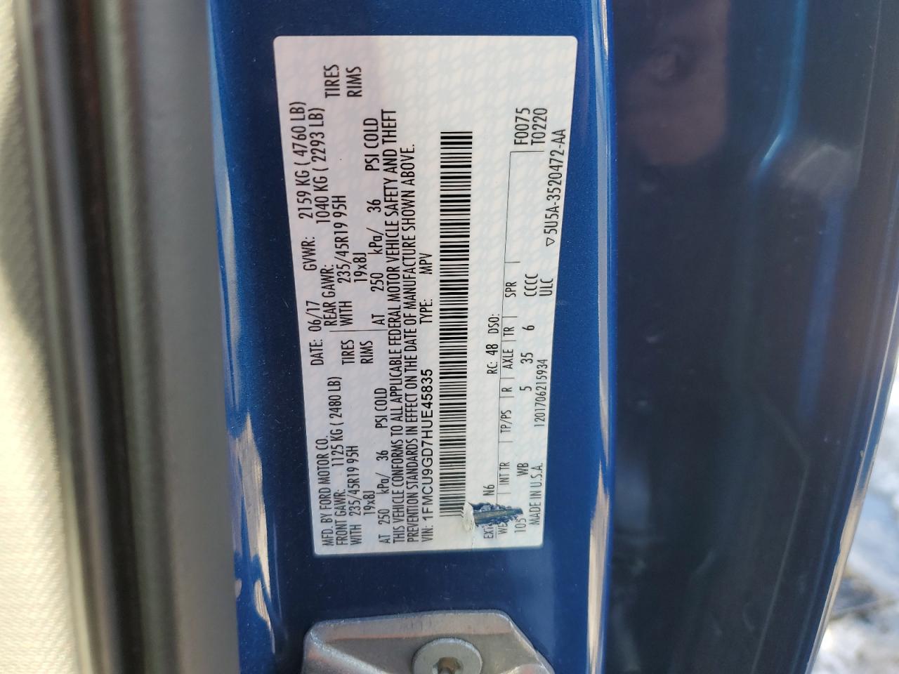 2017 Ford Escape VIN 1FMCU9GD7HUE45835 Copart auction photo, front end damage thumbnail 13