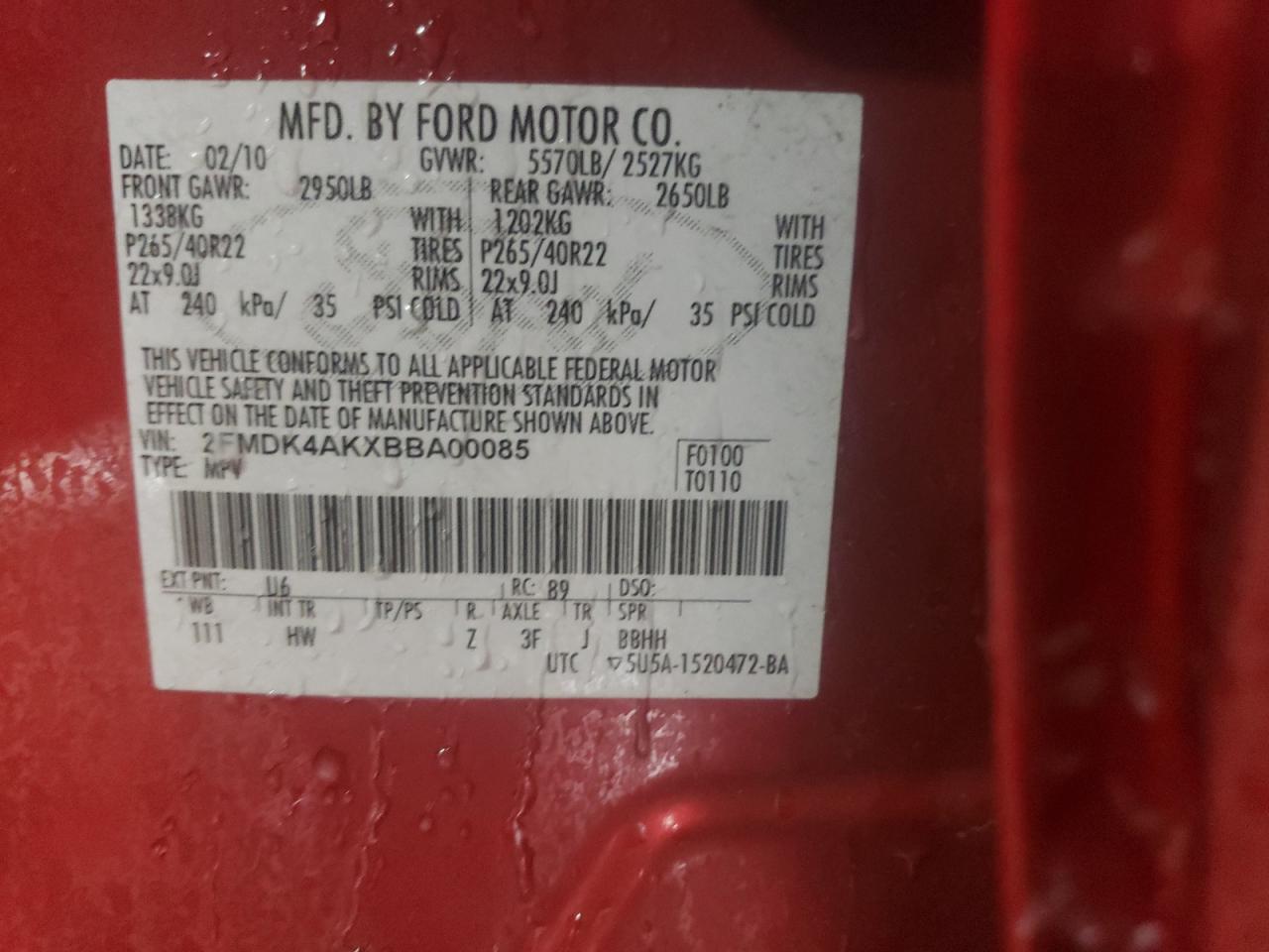 2011 Ford Edge VIN 2FMDK4AKXBBA00085 Copart auction photo, front end damage thumbnail 12