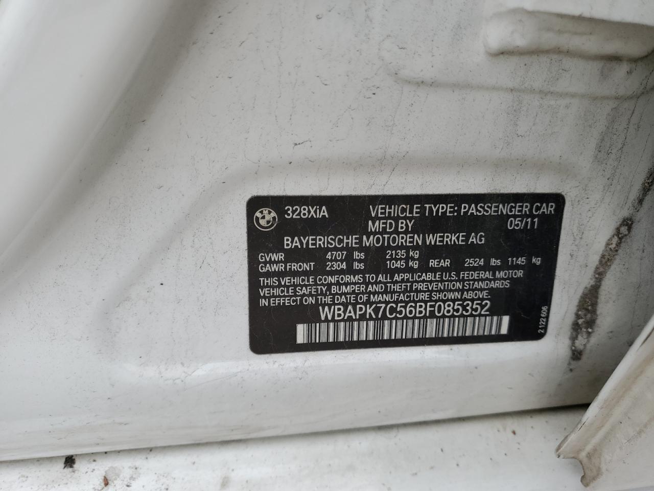 2011 BMW 3er VIN WBAPK7C56BF085352 Copart auction photo, hail / rear end damage thumbnail 12