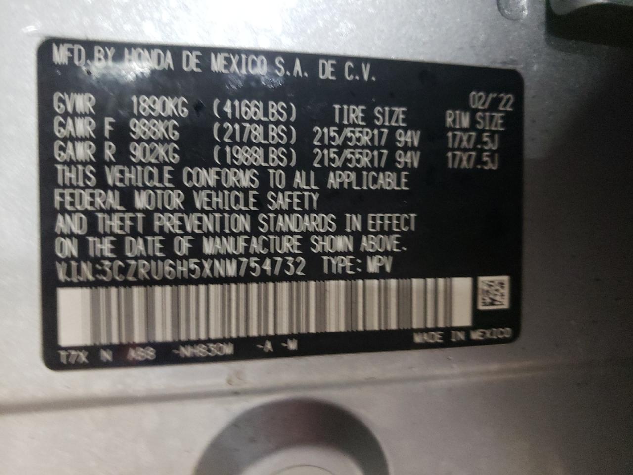 2022 Honda HR-V VIN 3CZRU6H5XNM754732 Copart auction photo, front end damage thumbnail 12