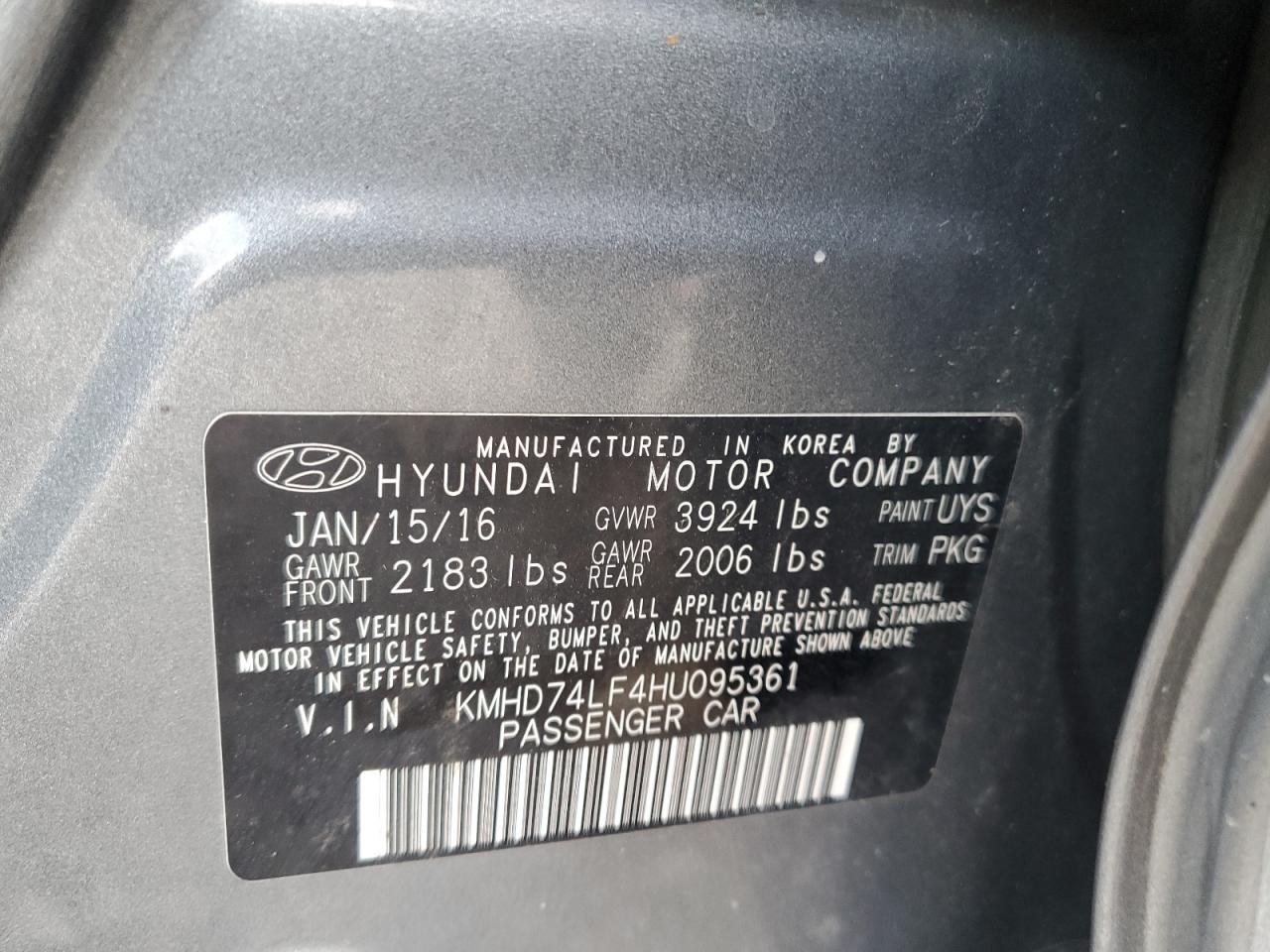 2017 Hyundai Elantra VIN KMHD74LF4HU095361 Copart auction photo, minor dent/scratches damage thumbnail 12