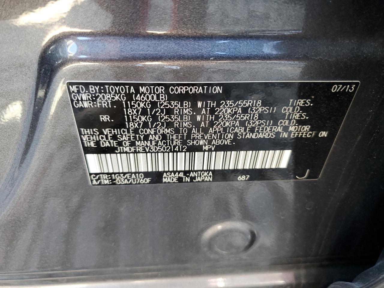 2013 Toyota RAV 4 VIN JTMDFREV3D5021412 Copart auction photo, side / front end damage thumbnail 13
