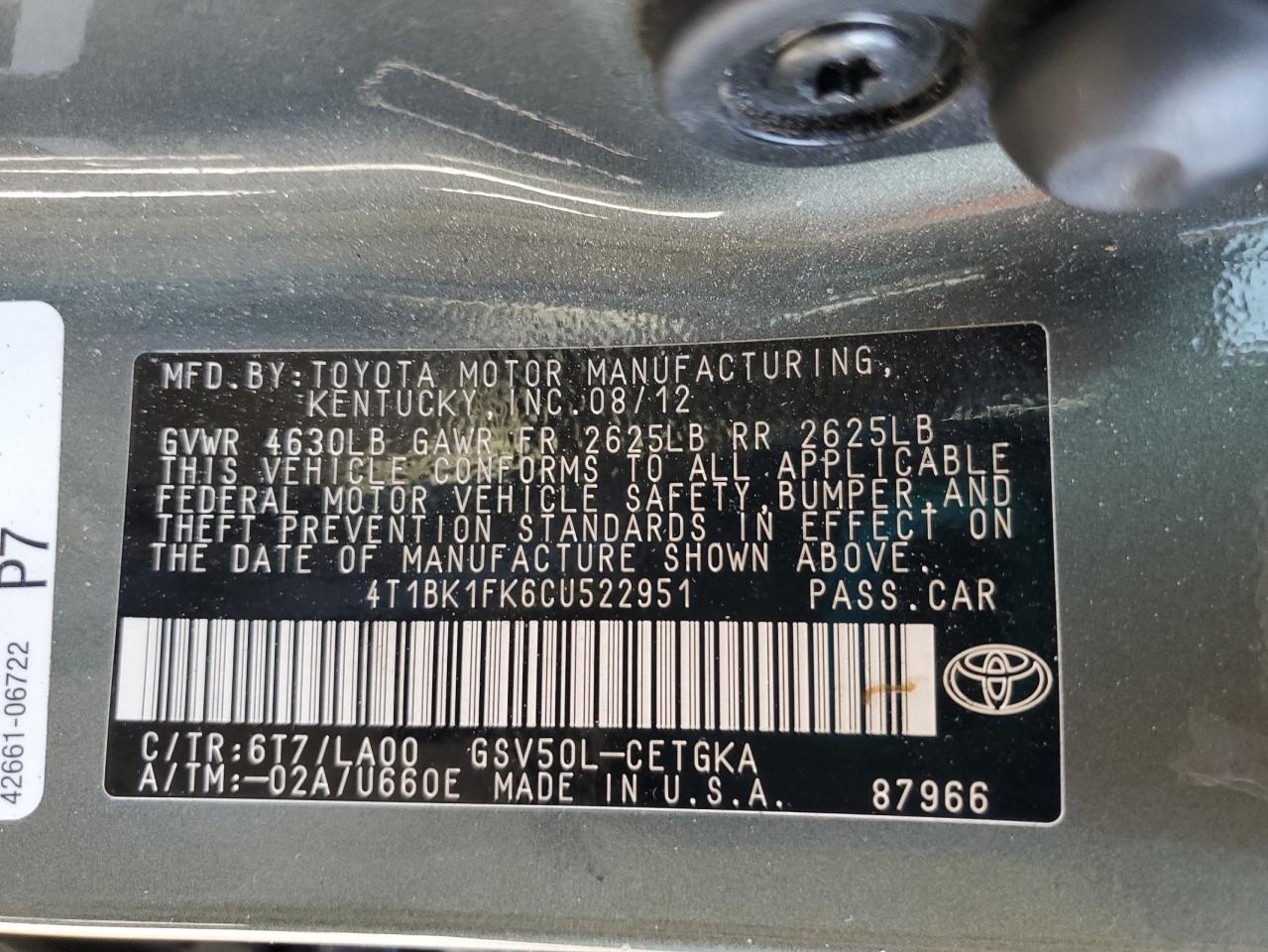 2012 Toyota Camry VIN 4T1BK1FK6CU522951 Copart auction photo, side / hail damage thumbnail 12